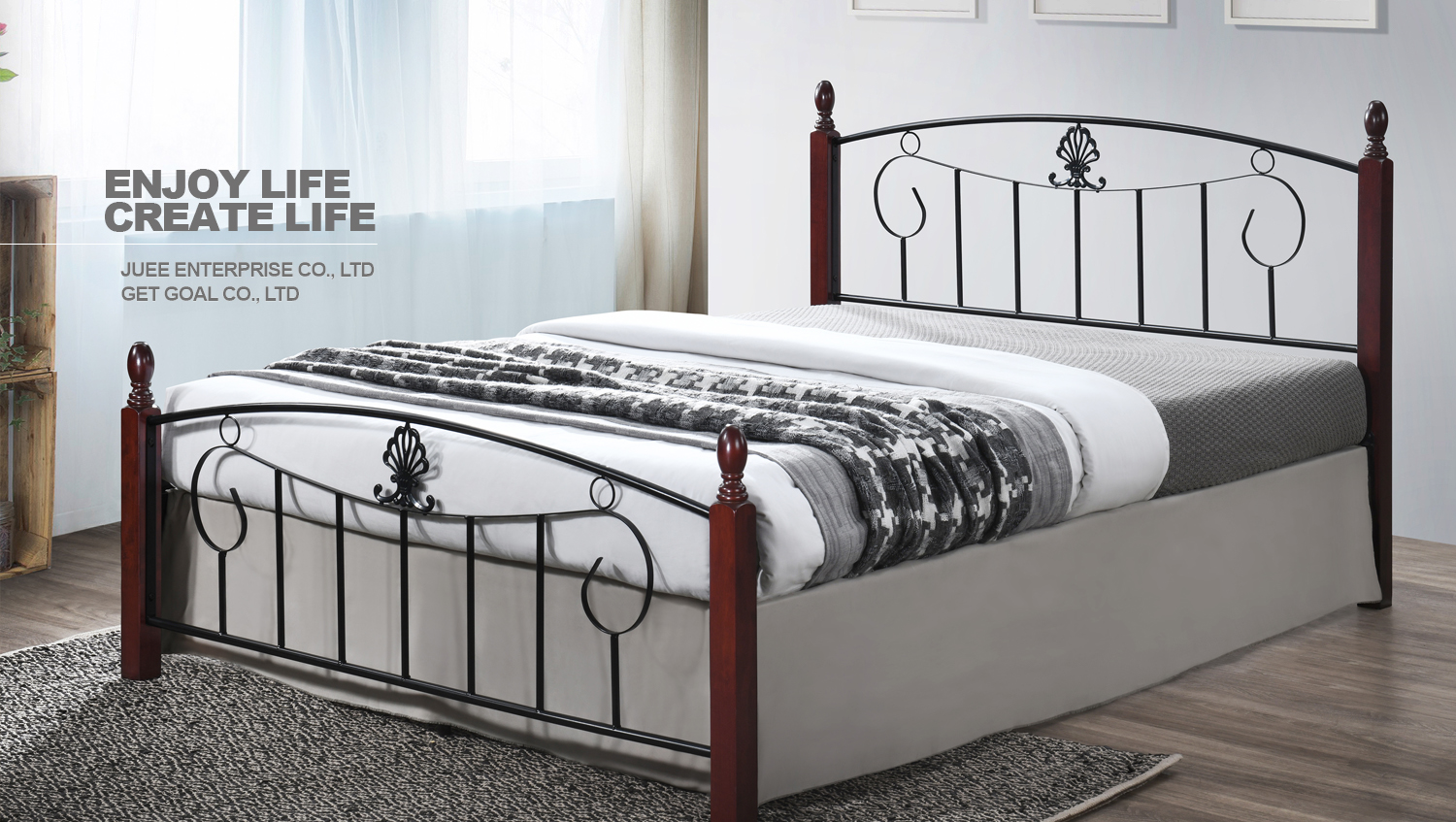 JUEE metal and wood bed in a bright bedroom