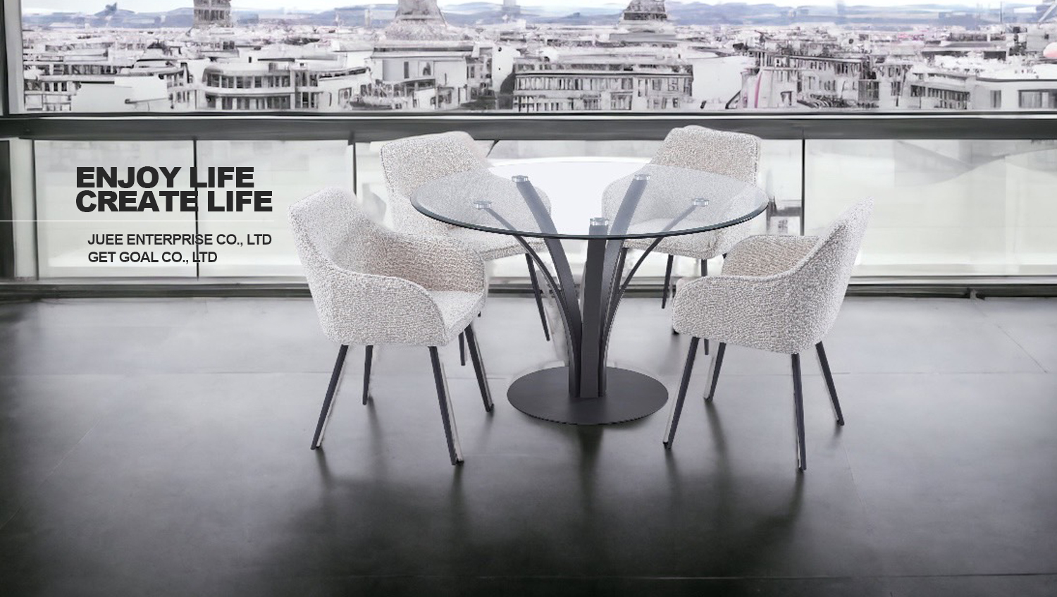 JUEE round dining table with upholstered chairs